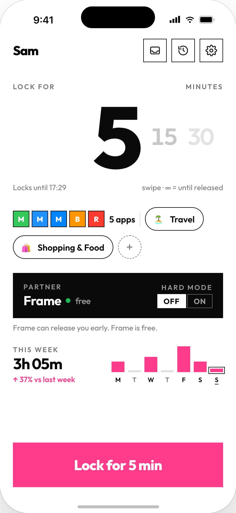Tandem home: pick a duration and lock